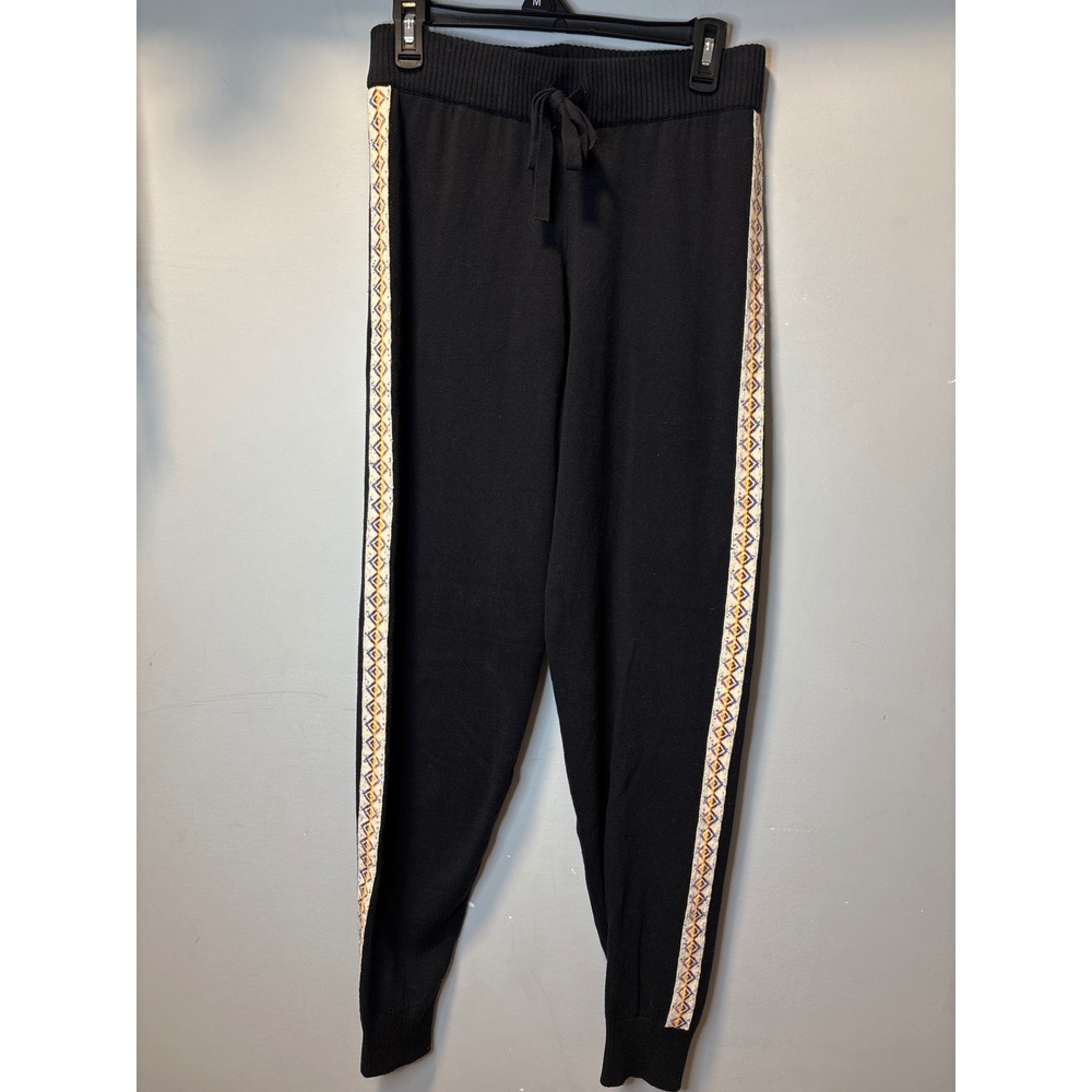 Minnie Rose Black Cotton Cashmere Knit Joggers Geometric Stripe Side Small